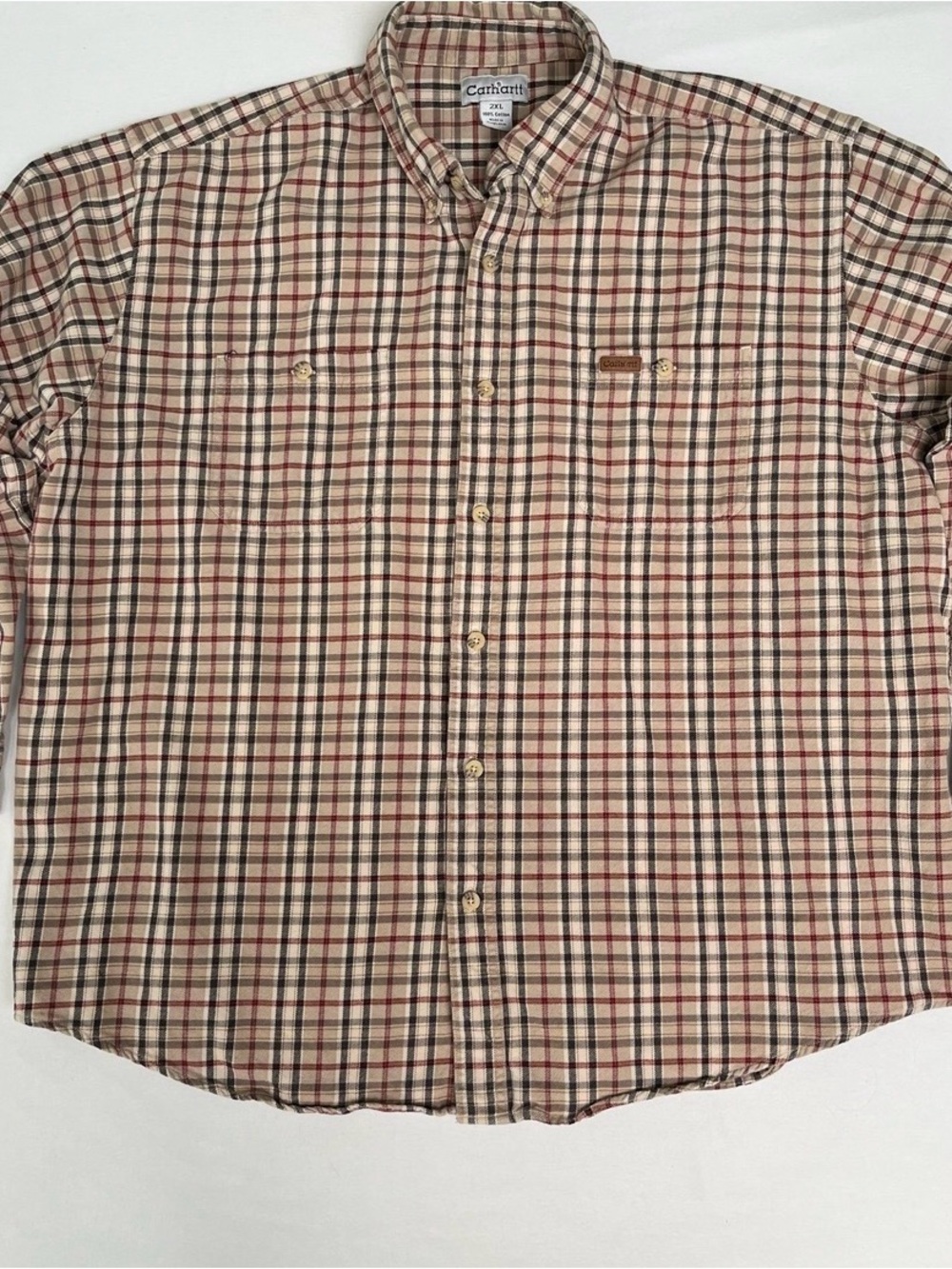 Carhartt Cotton Flannel Brown Plaid Button Down Western Work Casual Shirt 2XL